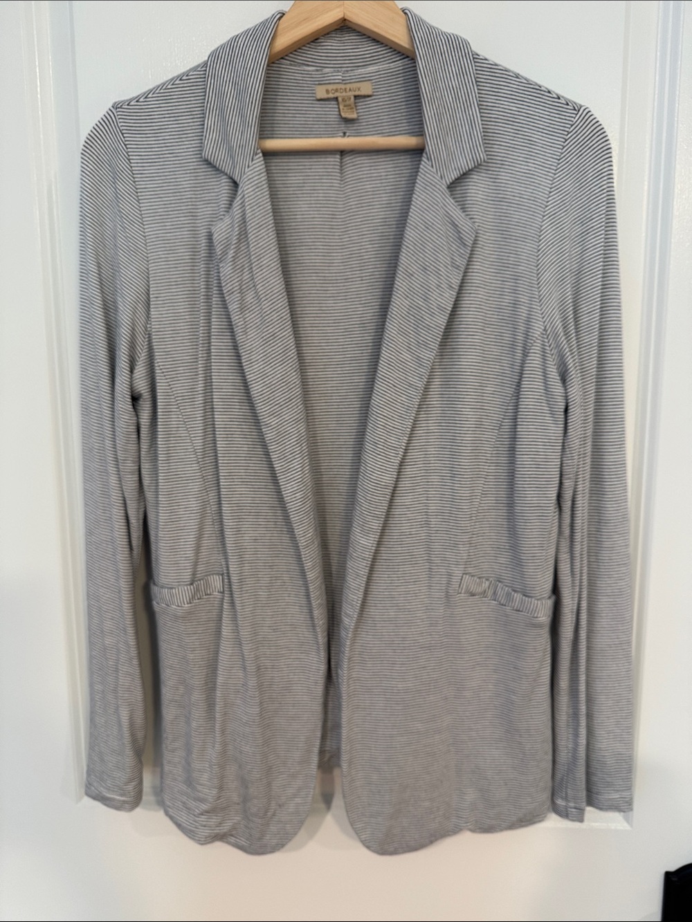 Anthropologie “Bordeaux” Brand Gray & Black Striped Open Front Blazer Cardigan
